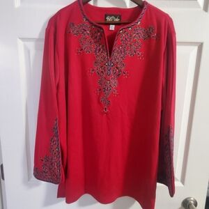 Bob Mackie Wearable Art 2X Red Tunic Embroidery Split Neck Boho